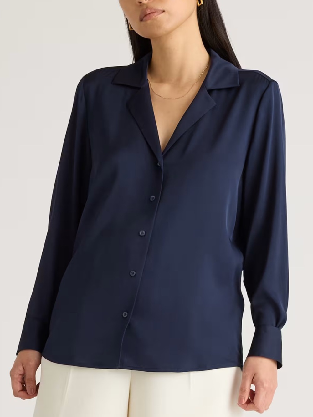 Quince Washable Stretch Silk Notch Collar Blouse Navy Women’s M quiet luxury